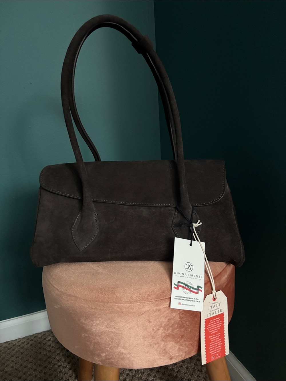 Stunning Divina Firenze Dark Brown Suede Shoulder Bag NWT
